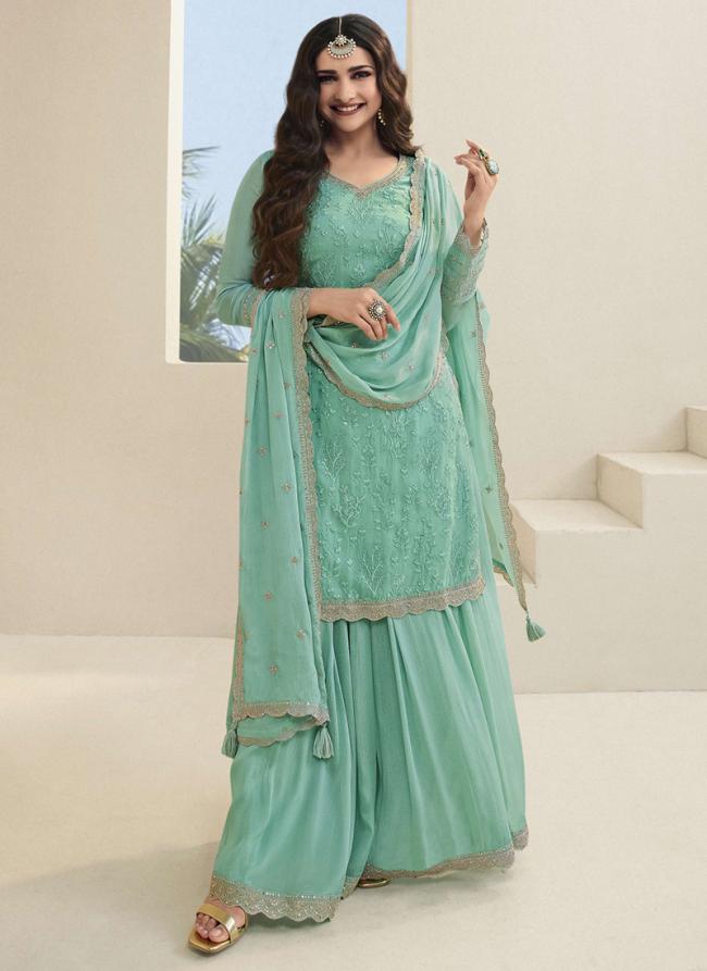 Turquoise Blue Organza Silk Party Wear Embroidery Work Sharara Suit