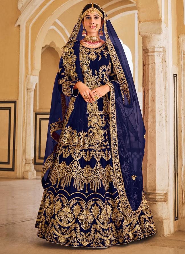 Navy Blue Velvet Bridal Wear Dori Work Lehenga Choli