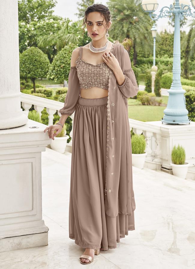 Brown Faux Georgette Party Wear Embroidery Work Off Shoulder Lehenga