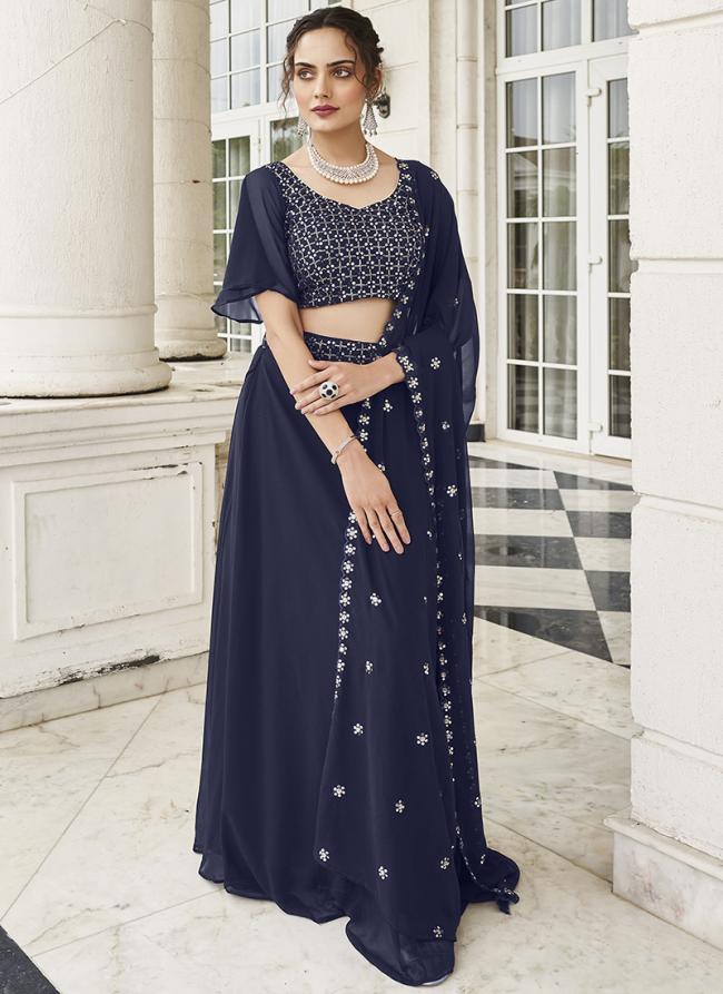 Navy Blue Faux Georgette Party Wear Embroidery Work Lehenga Choli