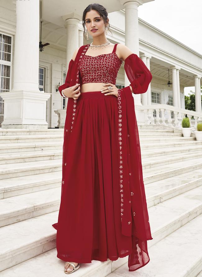 Red Faux Georgette Party Wear Embroidery Work Lehenga Choli