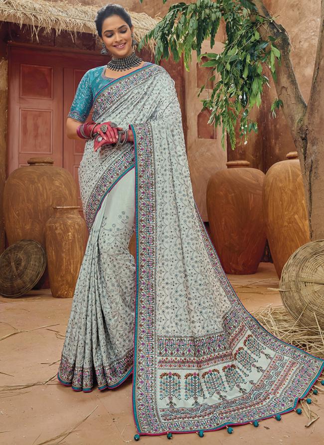 Grey Banarasi Silk Reception Wear Kachhi Work Saree