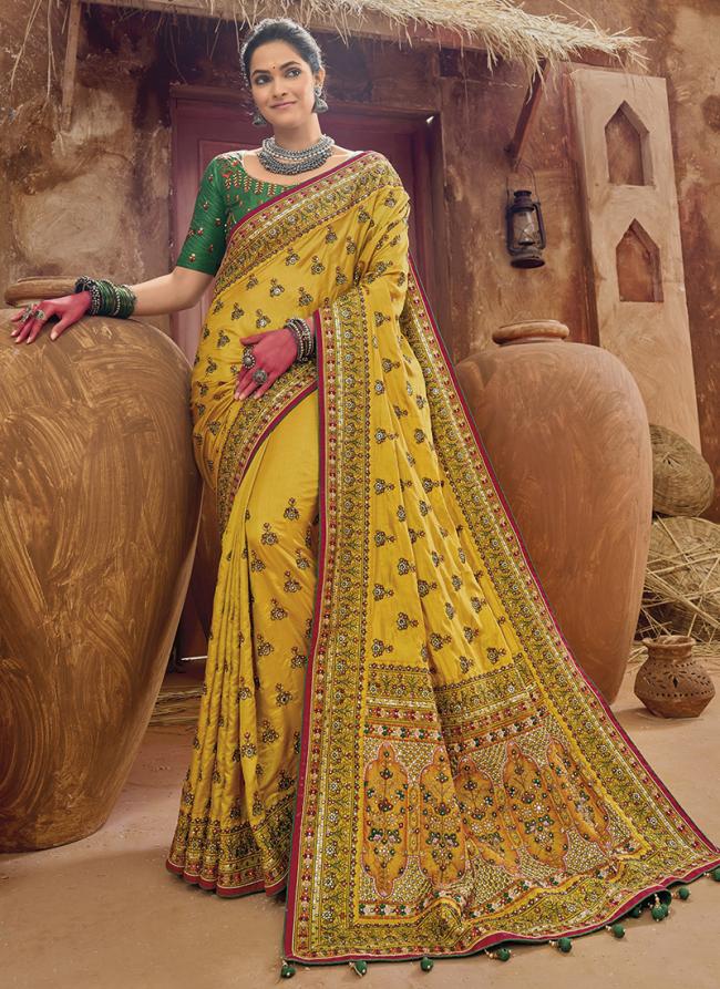 Yellow Banarasi Silk Reception Wear Kachhi Work Saree