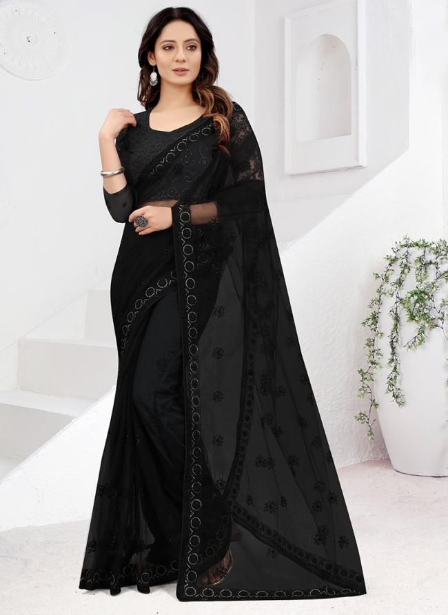 BLAck Net Party Wear Embroidery Work Saree