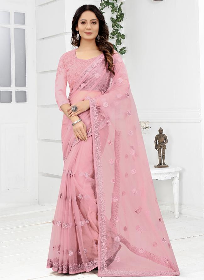 Pink Net Party Wear Embroidery Work Saree