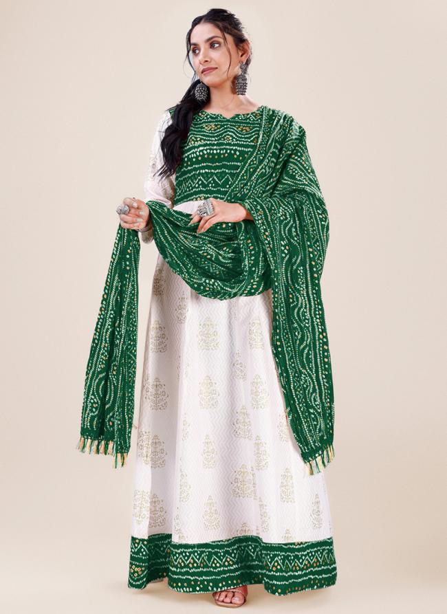 Green Rayon Festival Wear Bandhani Gown With Dupatta