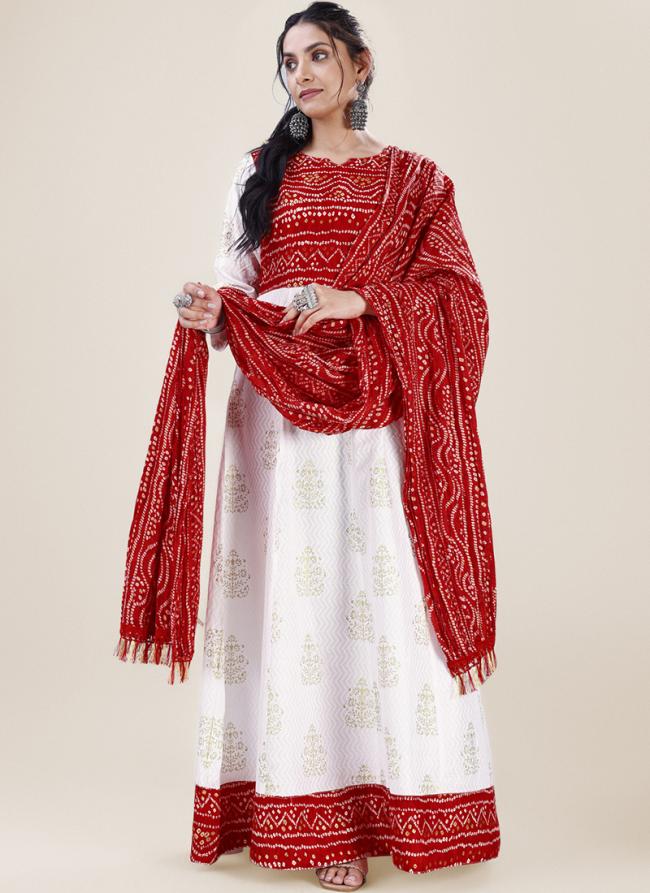 Red Rayon Festival Wear Bandhani Gown With Dupatta