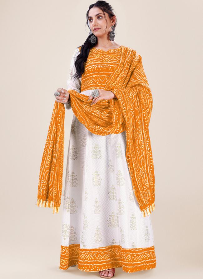 Yellow Rayon Festival Wear Bandhani Gown With Dupatta