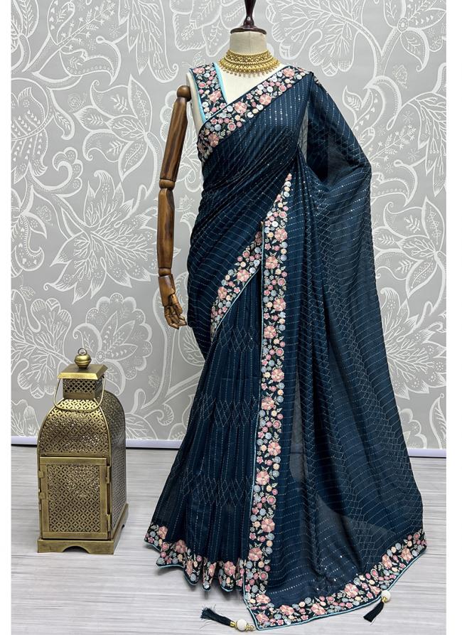 Blue Vichitra Silk Party Wear Sequins Work Saree
