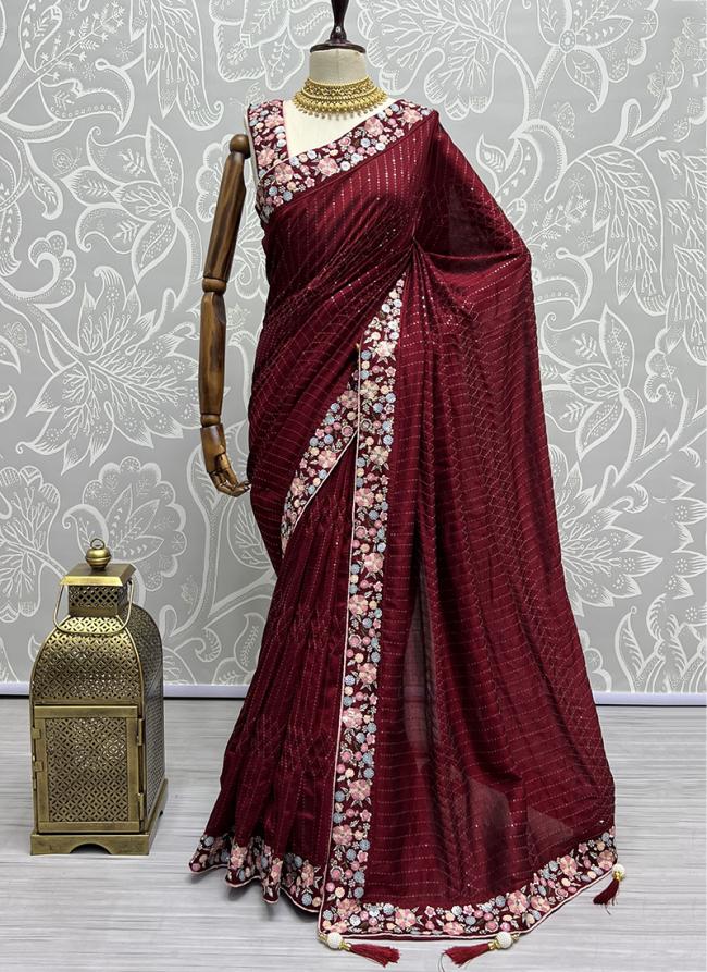 Maroon Vichitra Silk Party Wear Sequins Work Saree