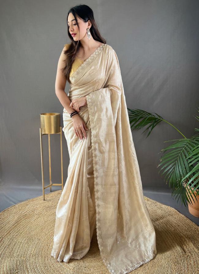 Cream Pure Silk Party Wear Border Work Saree