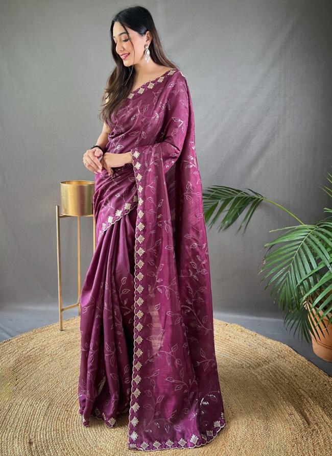 Wine Pure Silk Party Wear Border Work Saree