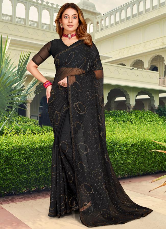 Black Shimmer Silk Party Wear Swarovski Work Saree