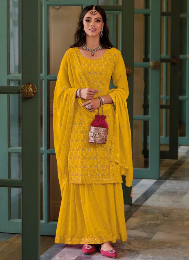 Yellow Georgette Party Wear Embroidery Work Readymade Salwar Suit