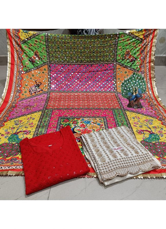 Red Cambric Cotton Tradional Wear Chikankari Phulkari Suit