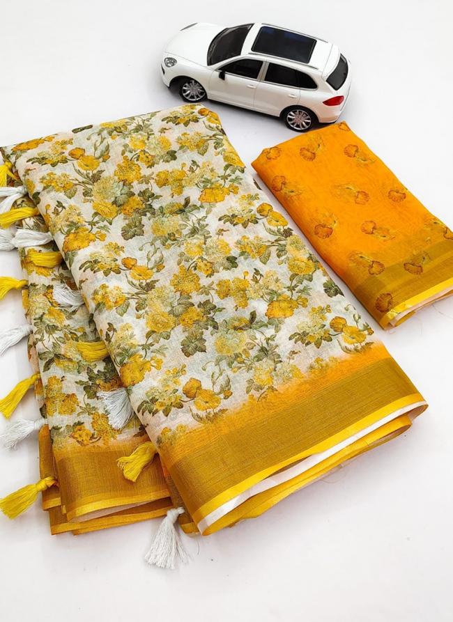 Yellow Linen Casual Wear Digital Printed Saree