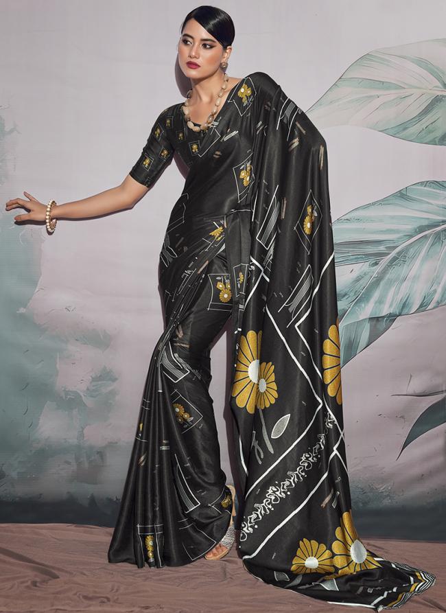 Black Satin Crepe Party Wear Digital Printed Saree