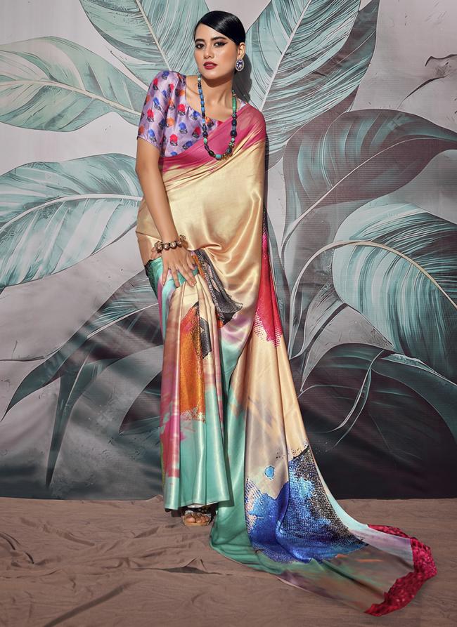 Multi Color Satin Crepe Party Wear Digital Printed Saree
