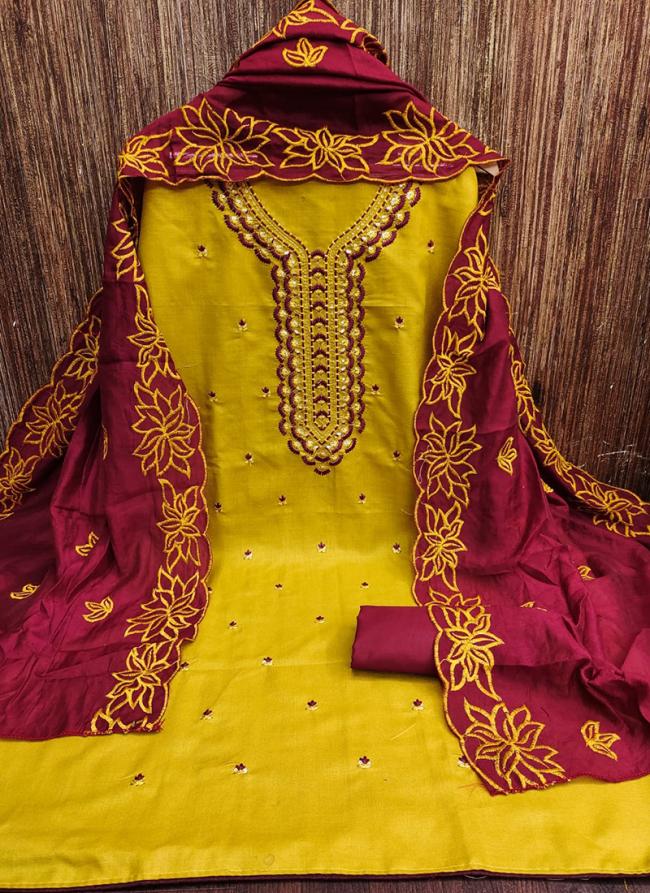 Yellow Cotton Festival Wear Embroidery Work Dress Material