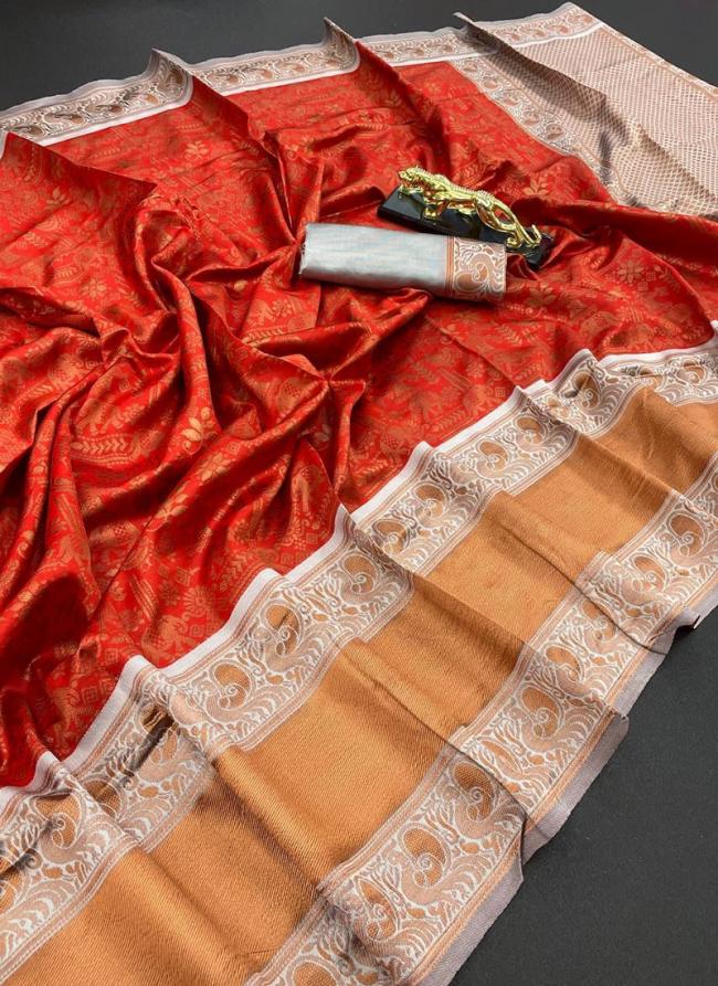 Orange Lichi Silk Tradional Wear Weaving Saree