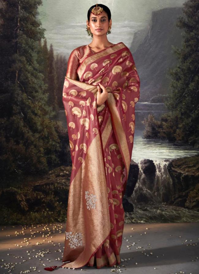 Dark Pink Banarasi Organza Wedding Wear Weaving Saree