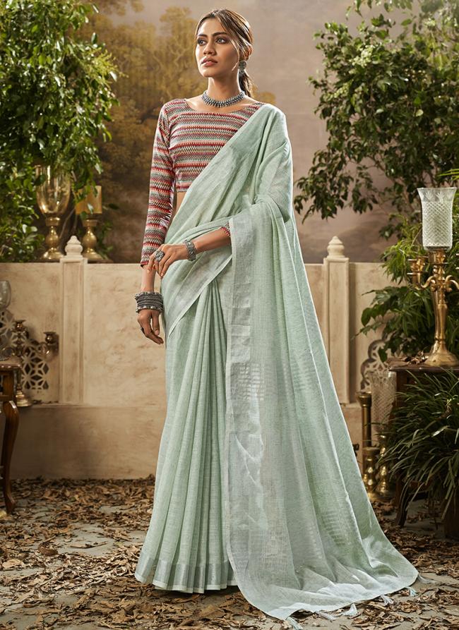 Pista Green Khadi Linen Festival Wear Digital Printed Saree