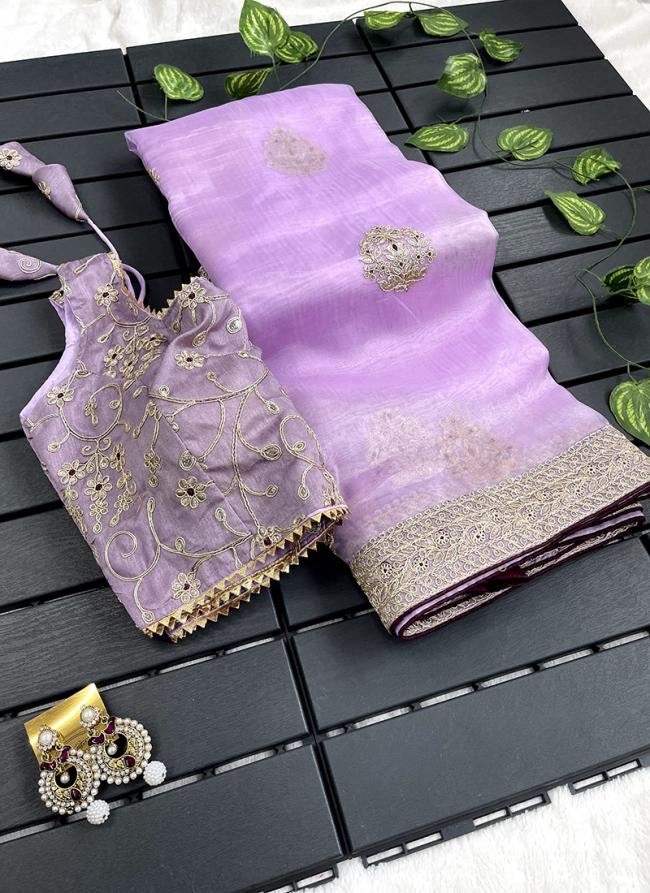 Lilac Organza Silk Party Wear Embroidery Work Saree