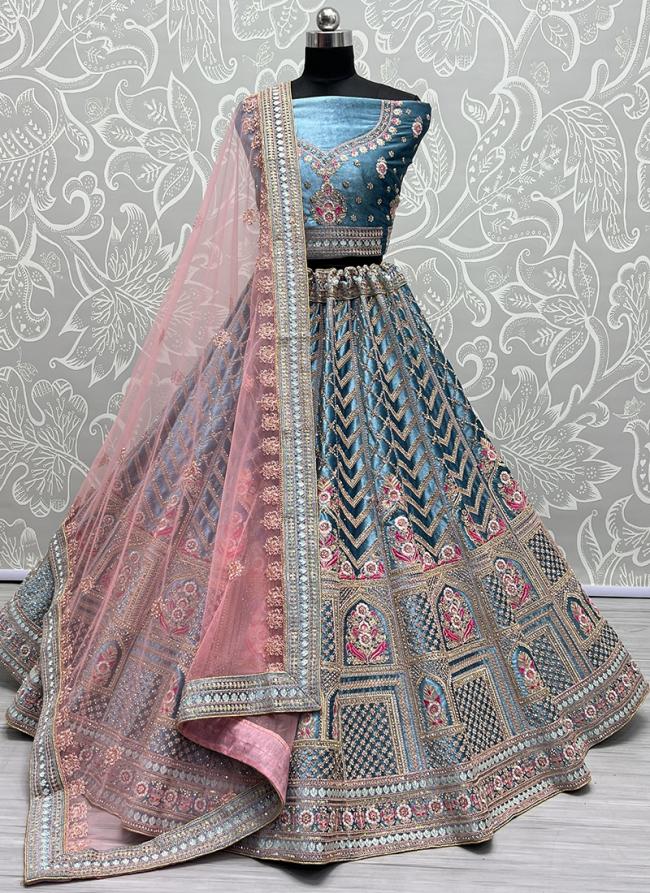 Blue Velvet Wedding Wear Embroidery Work Lehenga Choli