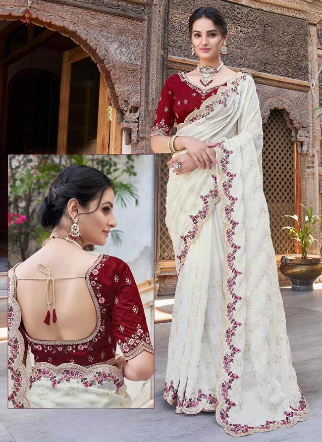 Cream Satin Silk Wedding Wear Hand Work Saree