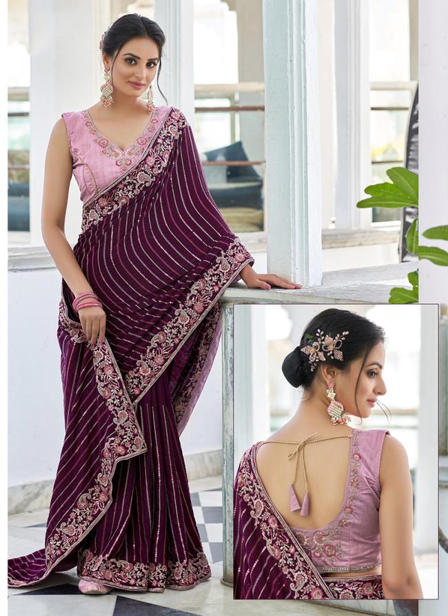 Maroon Apricot Wedding Wear Hand Work Saree