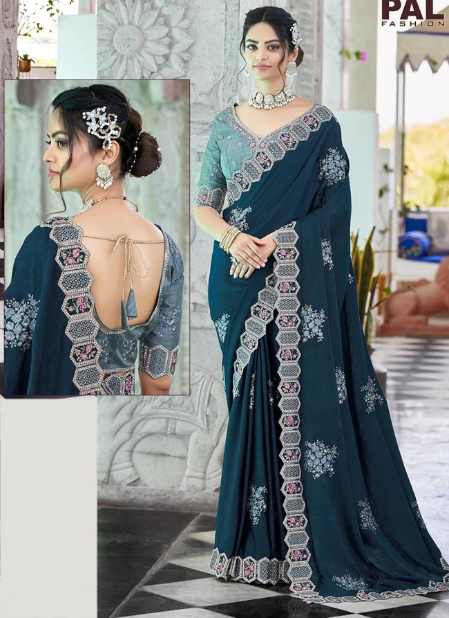 Teal Blue Apricot Wedding Wear Hand Work Saree