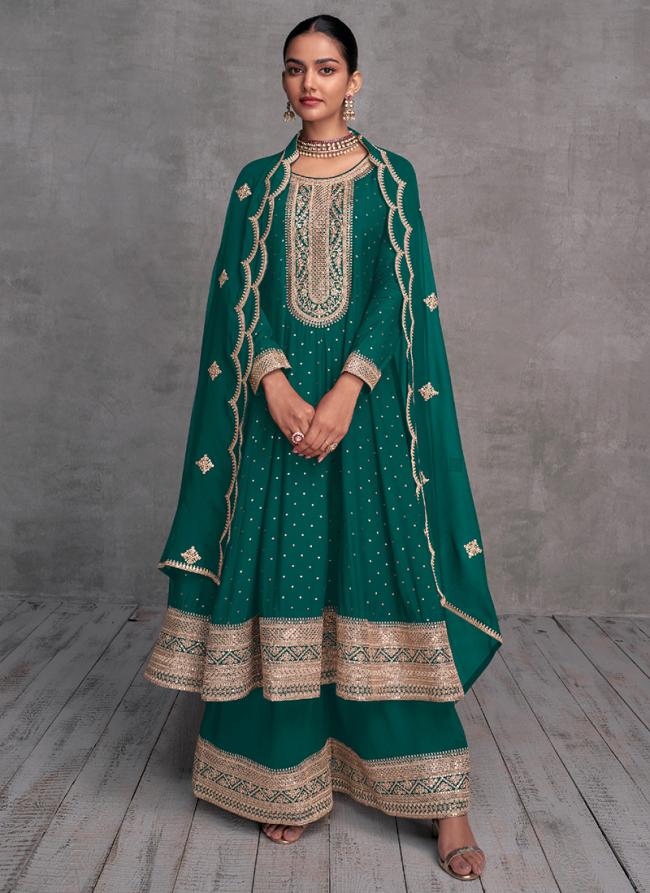 Green Pure Vsicose Wedding Wear Embroidery Work Sharara Suit