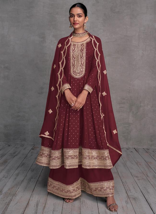 Maroon Pure Vsicose Wedding Wear Embroidery Work Sharara Suit