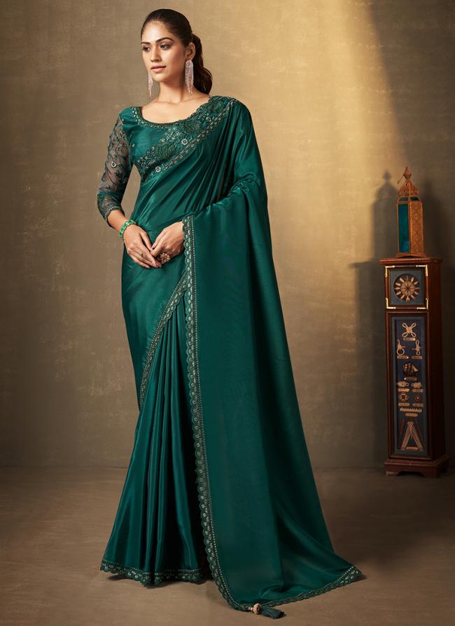 Green Crepe Silk Wedding Wear Embroidery Work Saree
