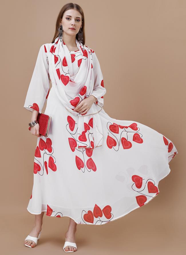 White Faux Georgette Casual Wear Printed Gown With Dupatta