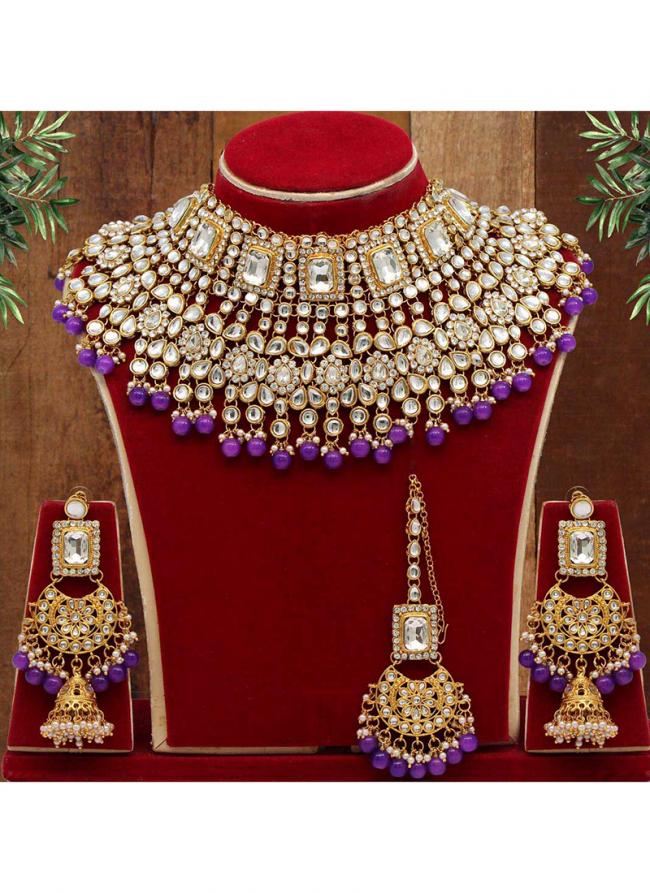 Purple Kundan Necklace Set With Earrings 