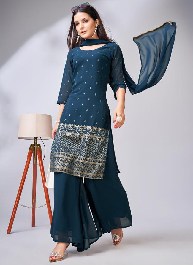 Blue Georgette Festival Wear Schiffli Work Readymade Salwar Suit