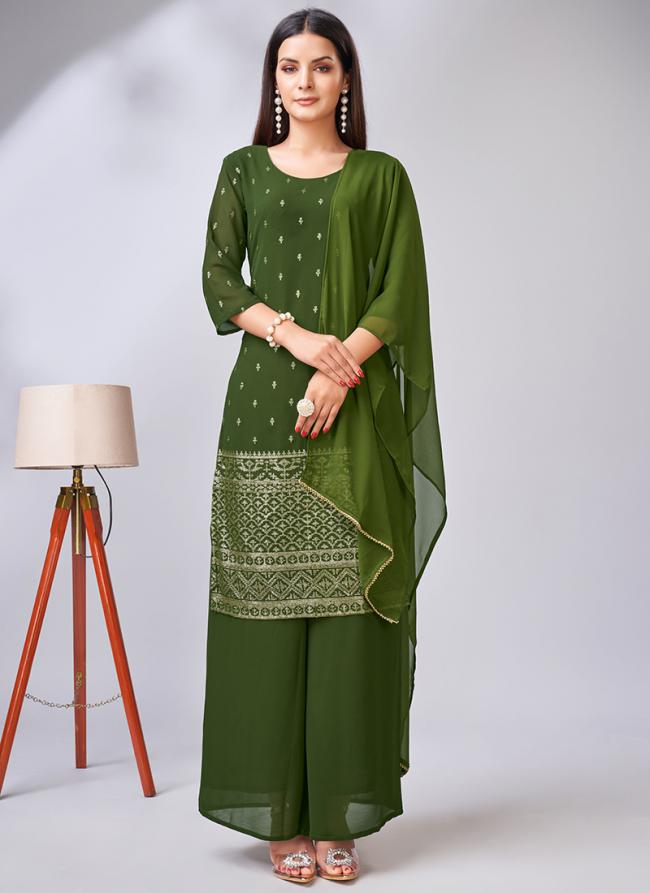 Green Georgette Festival Wear Schiffli Work Readymade Salwar Suit