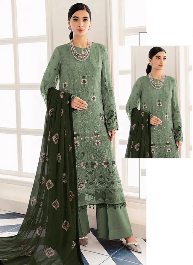 Pista Green Faux Georgette Party Wear Embroidery Work Pakistani Suit