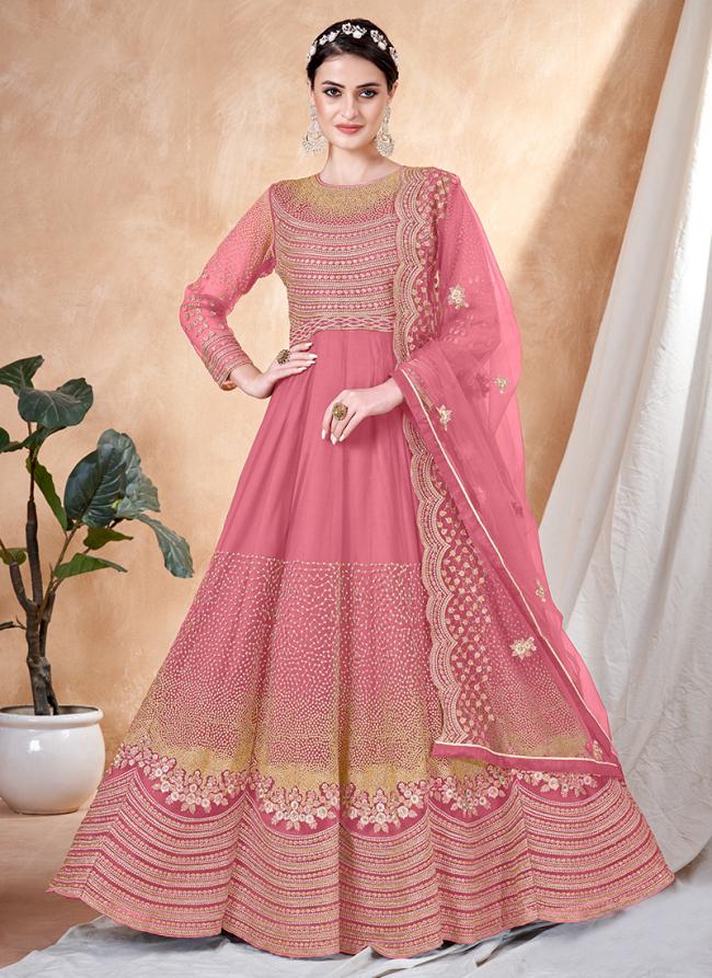 Pink Net Wedding Wear Embroidery Work Anarkali Suit