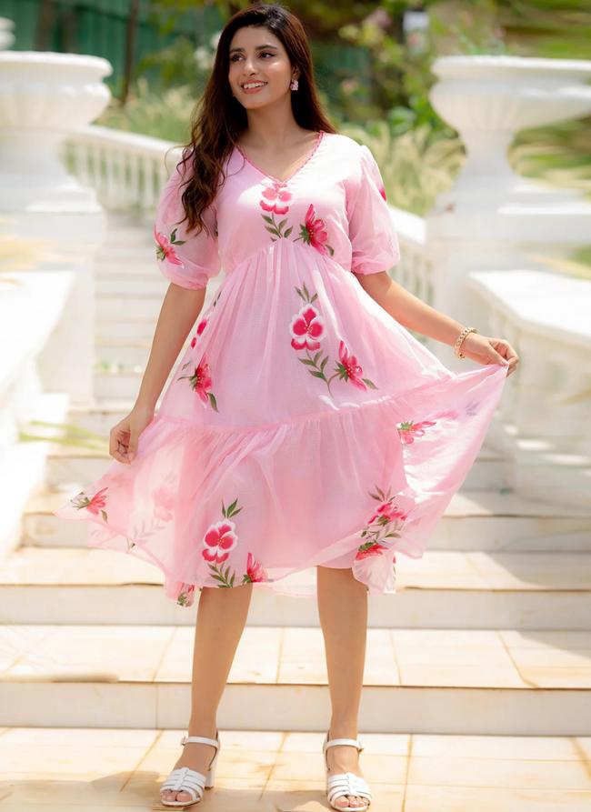 Pink Kota Checks Party Wear Digital Printed Dress