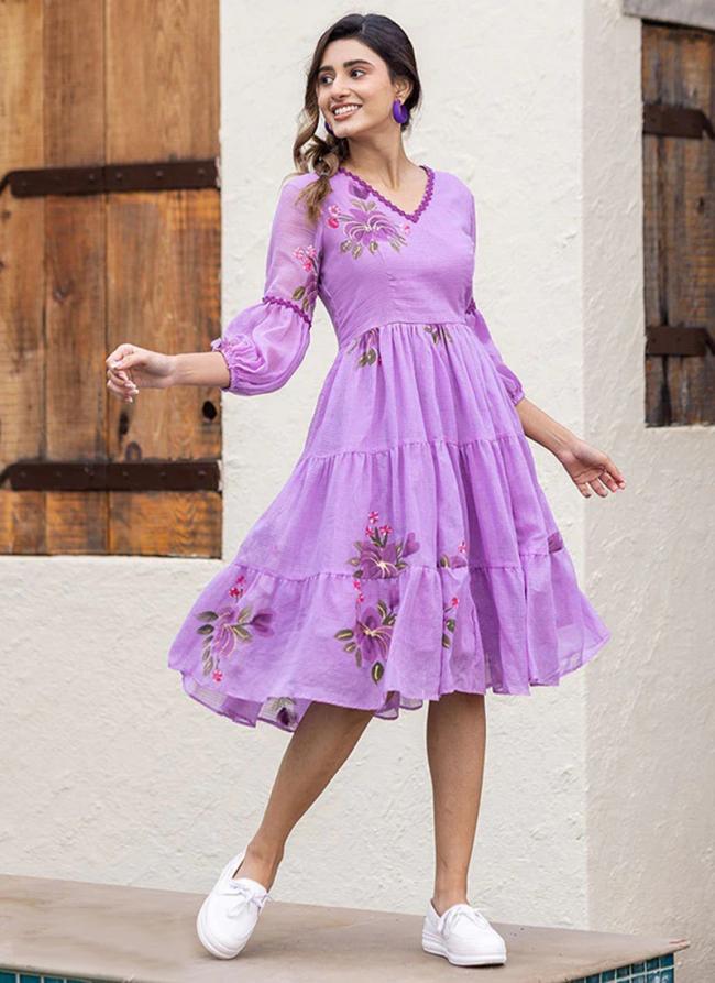 Purple Kota Checks Party Wear Digital Printed Dress