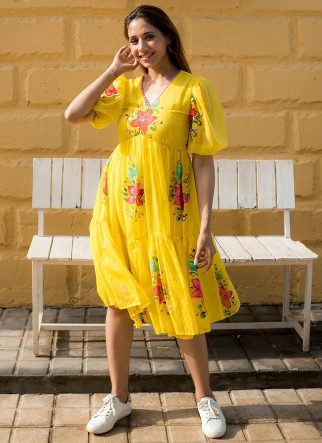 Yellow Kota Checks Party Wear Digital Printed Dress