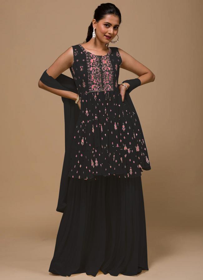 Black Georgette Festival Wear Embroidery Work Sharara Suit