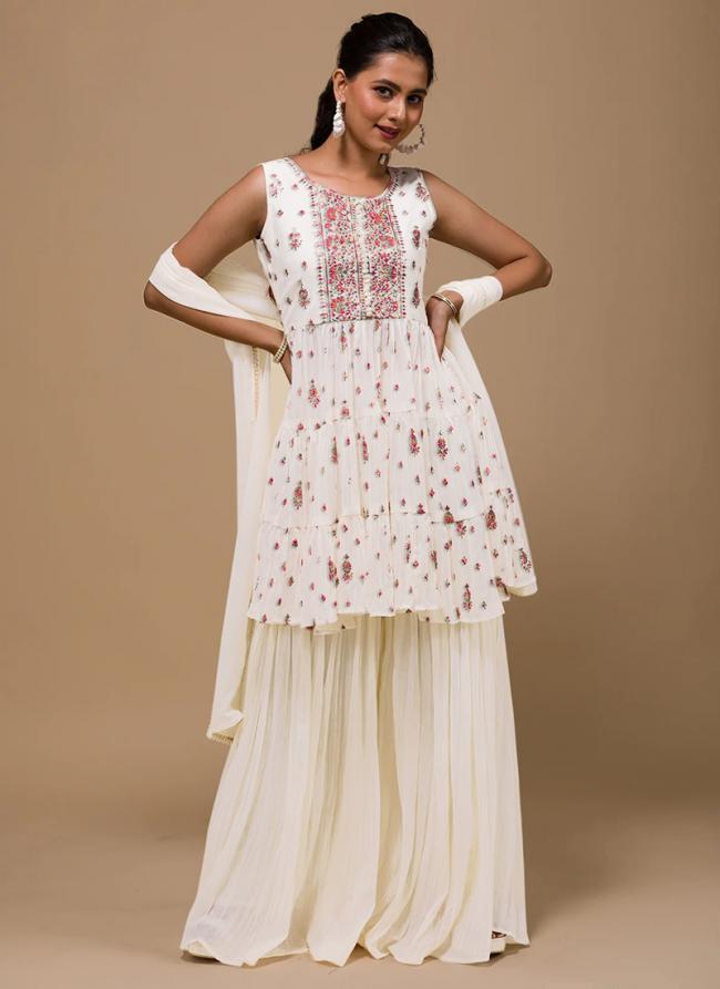Cream Georgette Festival Wear Embroidery Work Sharara Suit