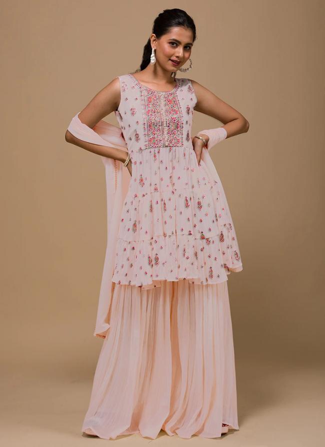 Peach Georgette Festival Wear Embroidery Work Sharara Suit