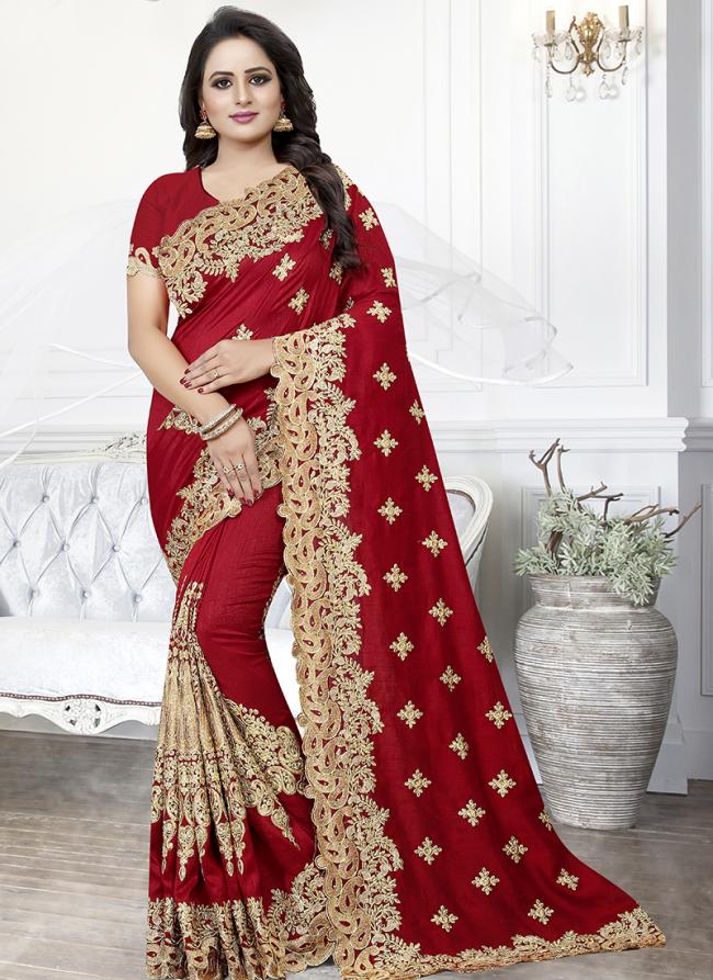 Red Silk Festival Wear Embroidery Work Saree