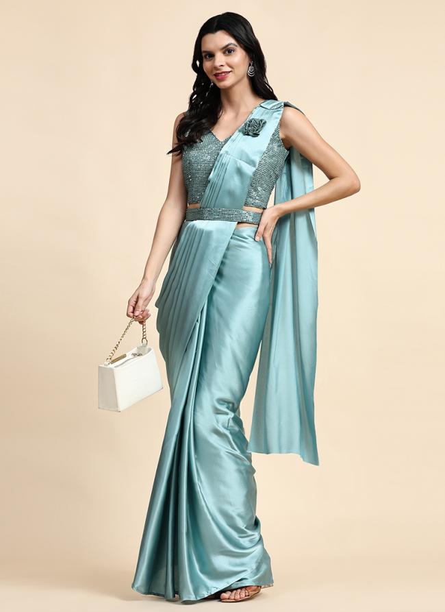 Sky blue Satin Party Wear Sequins Work Stitched Saree