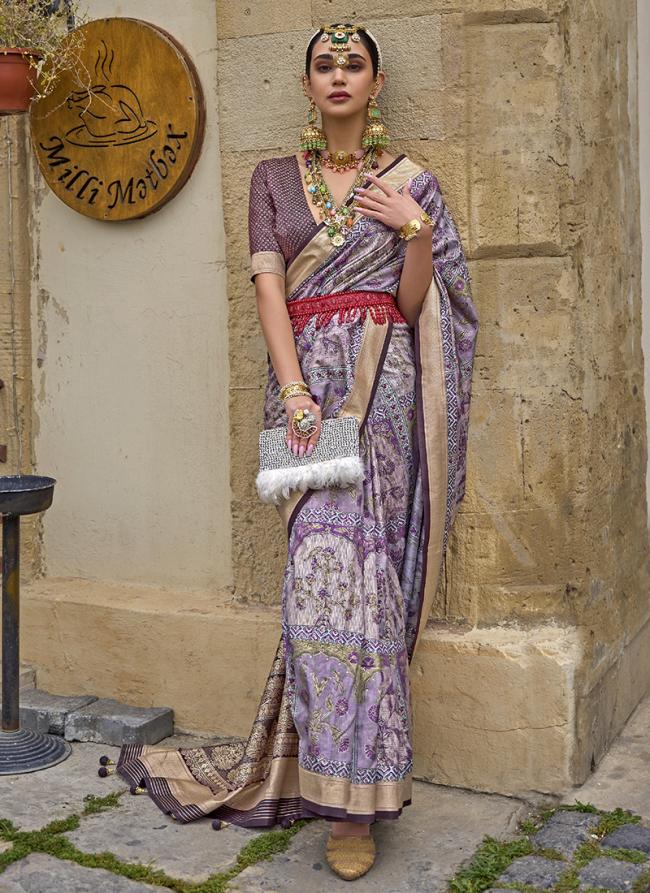 Lavender Pure Silk Tradional Wear Printed Saree