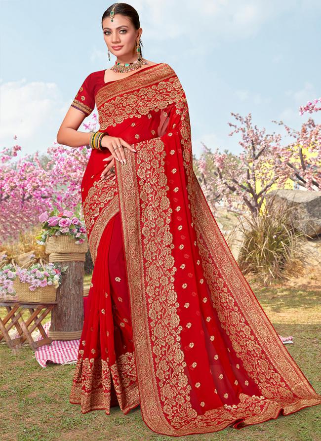 Red Georgette Festival Wear Embroidery Work Saree
